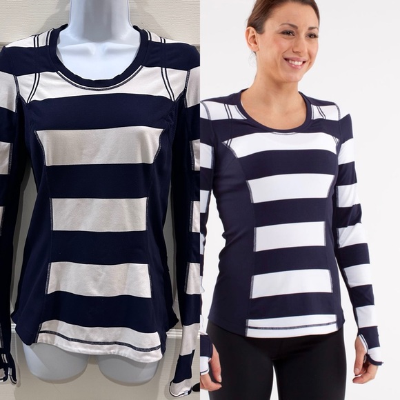 lululemon athletica Tops - Lululemon Run: Switch Back Long Sleeve Wide Bold Stripe White Deep Indigo